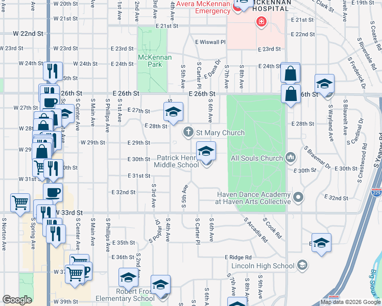 map of restaurants, bars, coffee shops, grocery stores, and more near 601 East Oak Street in Sioux Falls