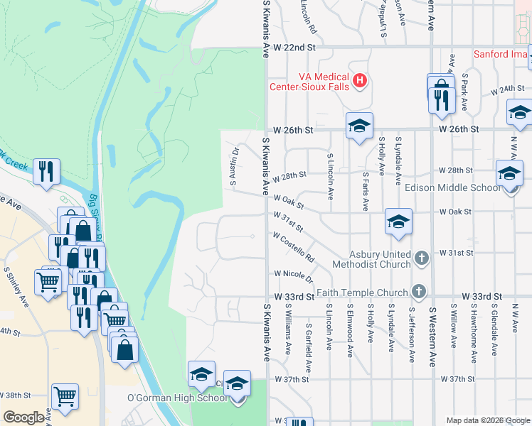 map of restaurants, bars, coffee shops, grocery stores, and more near 2901 West Donahue Drive in Sioux Falls
