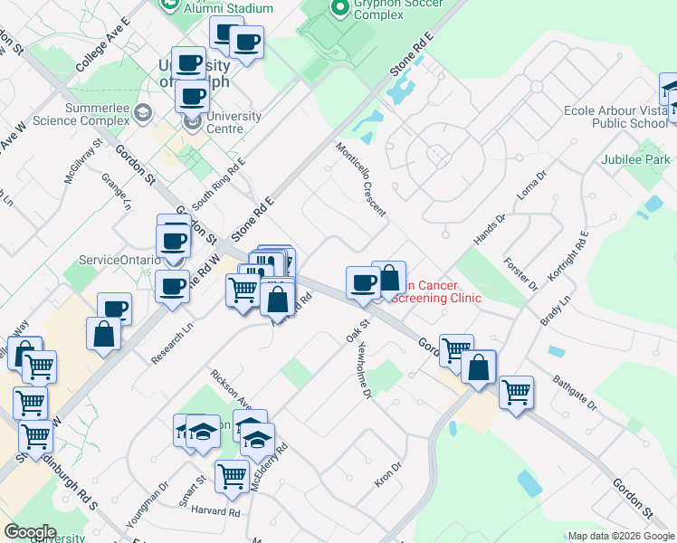 map of restaurants, bars, coffee shops, grocery stores, and more near 784 Gordon Street in Guelph