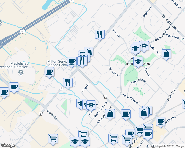 map of restaurants, bars, coffee shops, grocery stores, and more near 449 Ontario Street North in Milton