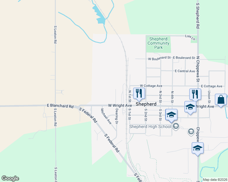 map of restaurants, bars, coffee shops, grocery stores, and more near 114 Tara Court in Shepherd