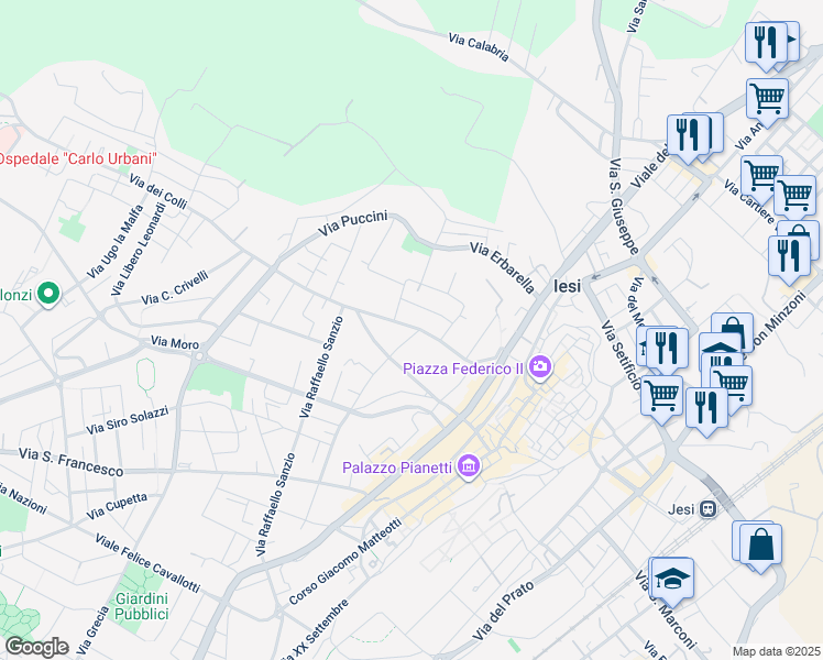 map of restaurants, bars, coffee shops, grocery stores, and more near 54 Via Gioacchino Rossini in Jesi