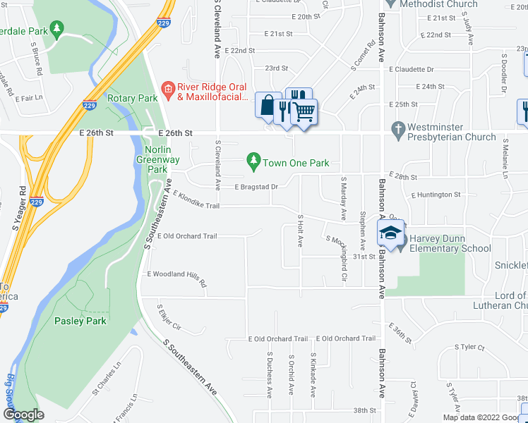 map of restaurants, bars, coffee shops, grocery stores, and more near 2915 East Klondike Trail in Sioux Falls