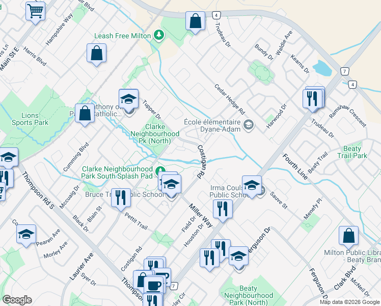 map of restaurants, bars, coffee shops, grocery stores, and more near 1379 Costigan Road in Milton