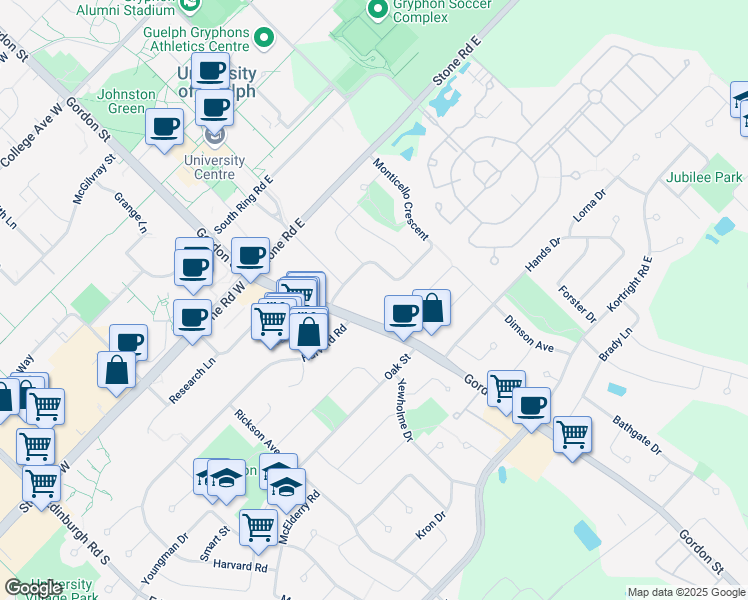 map of restaurants, bars, coffee shops, grocery stores, and more near 784 Gordon Street in Guelph