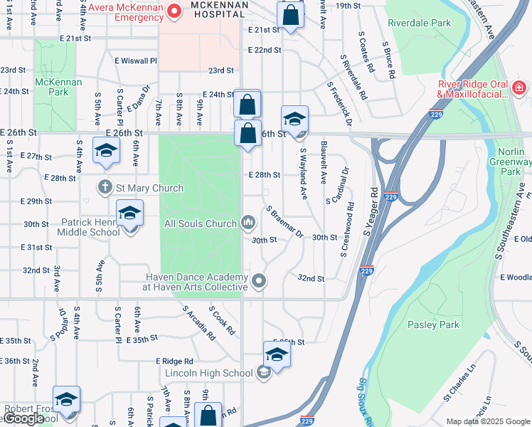 map of restaurants, bars, coffee shops, grocery stores, and more near 2200 South Sherman Avenue in Sioux Falls