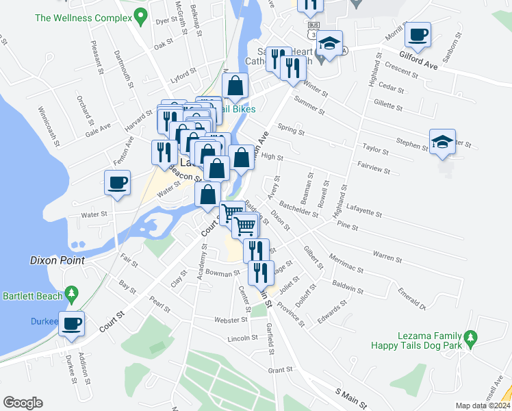 map of restaurants, bars, coffee shops, grocery stores, and more near 25 Union Avenue in Laconia