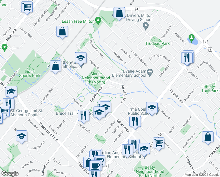 map of restaurants, bars, coffee shops, grocery stores, and more near 1419 Costigan Road in Milton