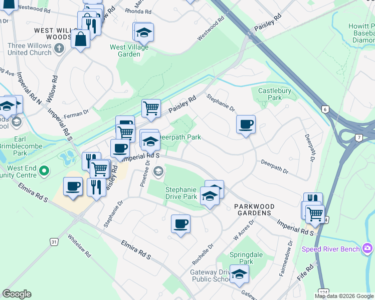 map of restaurants, bars, coffee shops, grocery stores, and more near 3 Deerpath Drive in Guelph