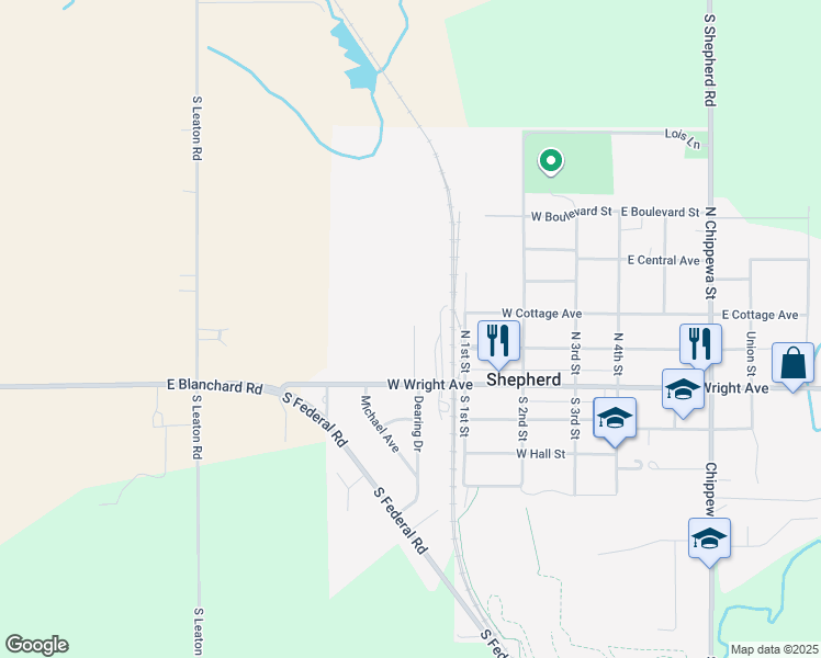 map of restaurants, bars, coffee shops, grocery stores, and more near 114 Tara Court in Shepherd