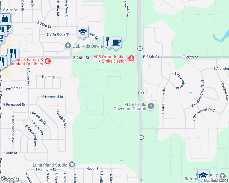 map of restaurants, bars, coffee shops, grocery stores, and more near Powder House Road in Sioux Falls