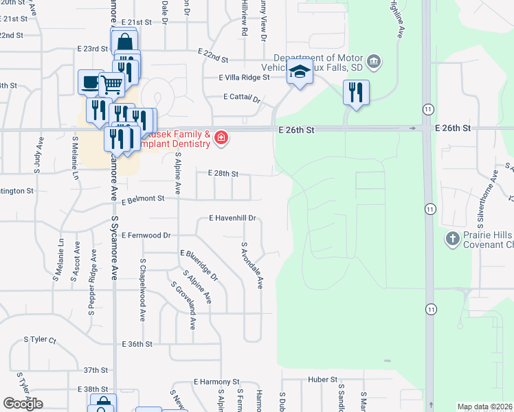 map of restaurants, bars, coffee shops, grocery stores, and more near 5004 East Havenhill Drive in Sioux Falls