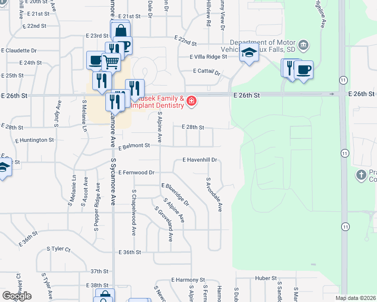map of restaurants, bars, coffee shops, grocery stores, and more near 4914 East Havenhill Drive in Sioux Falls