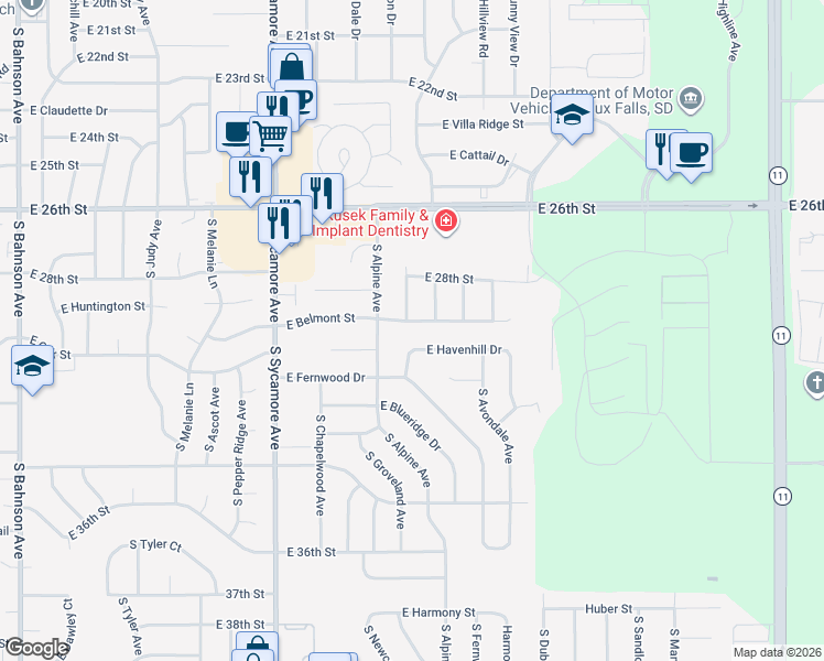 map of restaurants, bars, coffee shops, grocery stores, and more near 4814 East Havenhill Drive in Sioux Falls
