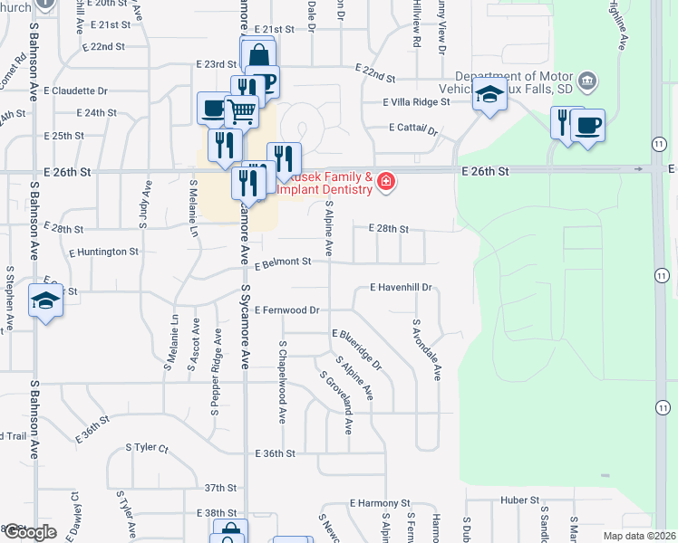 map of restaurants, bars, coffee shops, grocery stores, and more near 2111 South Alpine Avenue in Sioux Falls