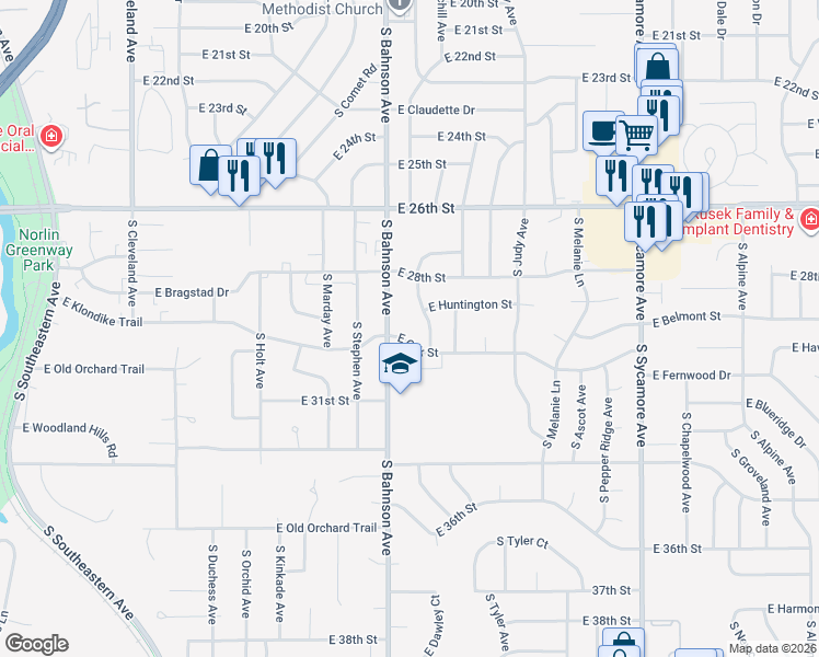 map of restaurants, bars, coffee shops, grocery stores, and more near 3701-3799 E Oak St in Sioux Falls
