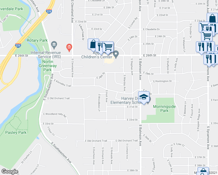 map of restaurants, bars, coffee shops, grocery stores, and more near 3209 East Oak Street in Sioux Falls
