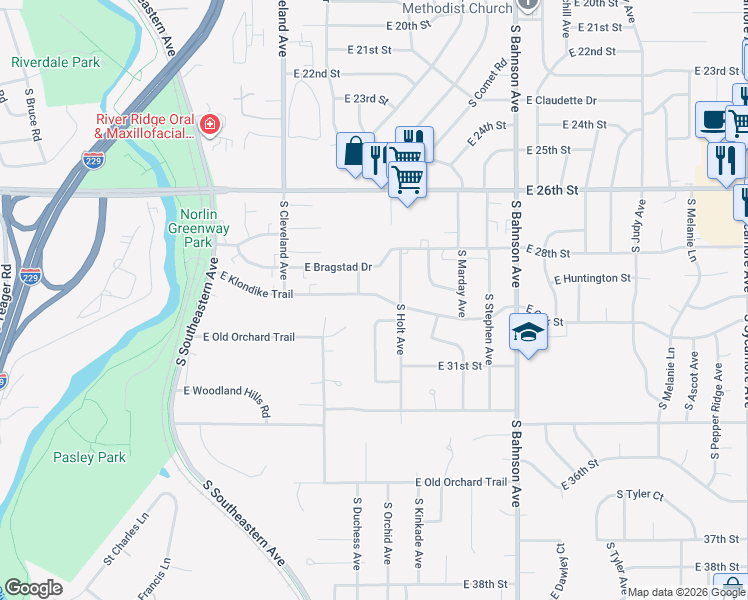 map of restaurants, bars, coffee shops, grocery stores, and more near 2305 South Woodbine Lane in Sioux Falls