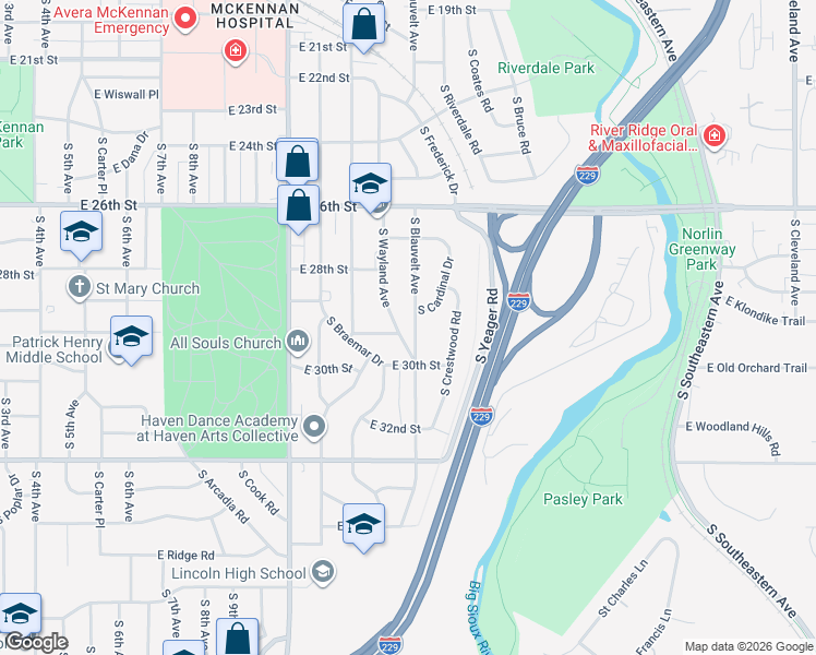map of restaurants, bars, coffee shops, grocery stores, and more near 2101-2299 South Blauvelt Avenue in Sioux Falls