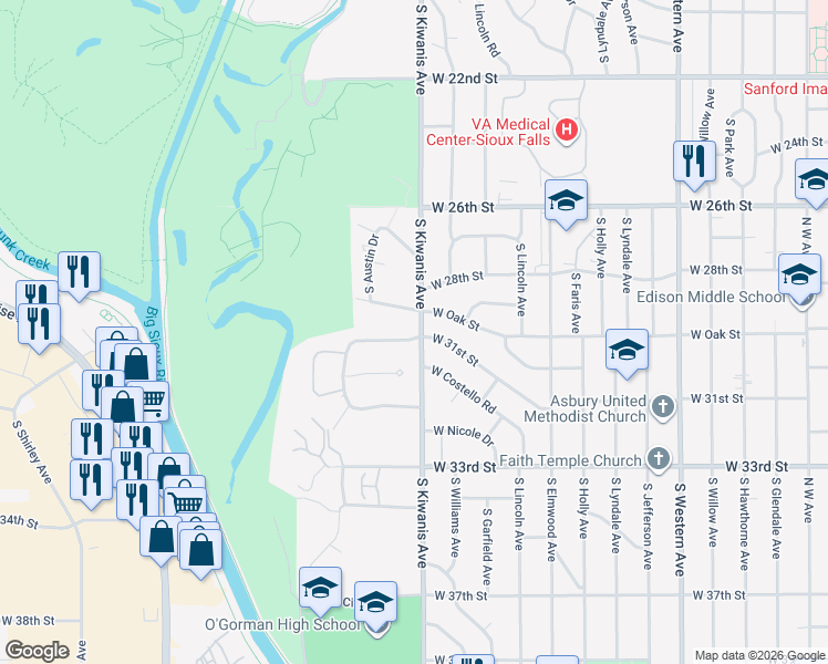 map of restaurants, bars, coffee shops, grocery stores, and more near 2901-2973 West Donahue Drive in Sioux Falls
