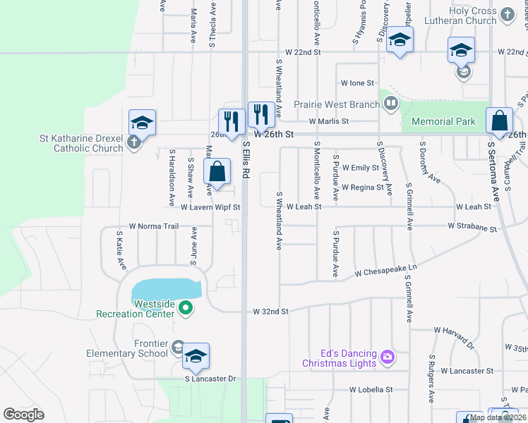 map of restaurants, bars, coffee shops, grocery stores, and more near 2021 South Wheatland Court in Sioux Falls