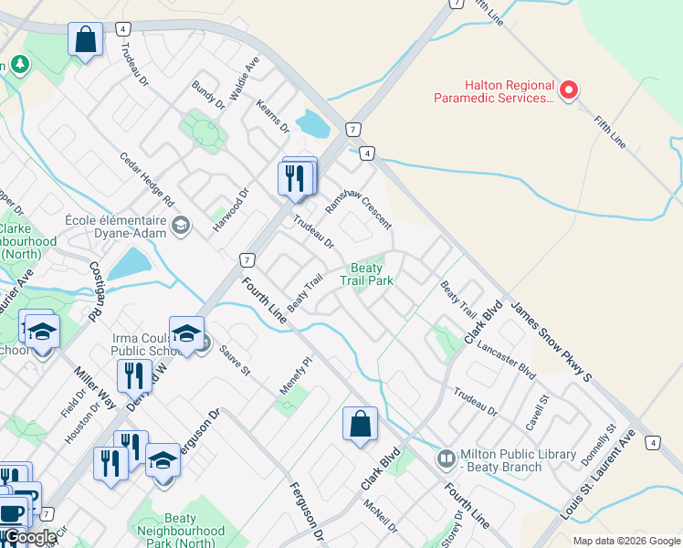 map of restaurants, bars, coffee shops, grocery stores, and more near 1543 Dinsmore Drive in Milton