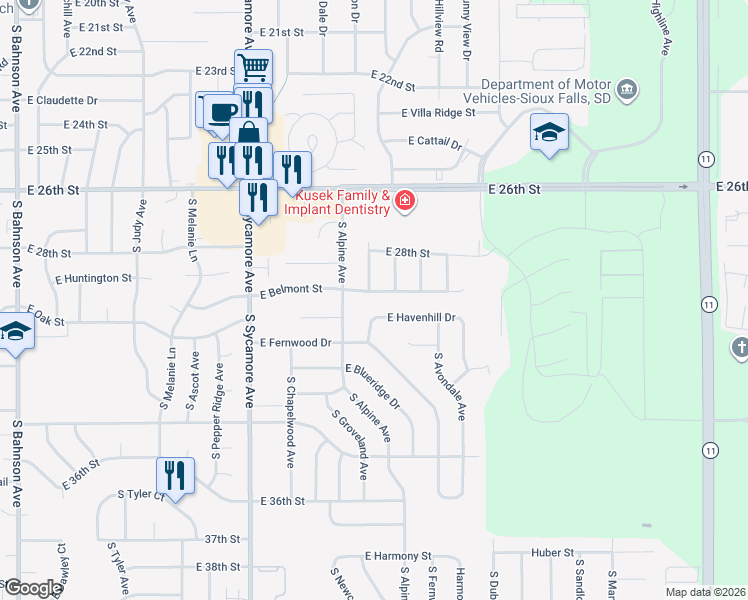 map of restaurants, bars, coffee shops, grocery stores, and more near 4814 East Havenhill Drive in Sioux Falls
