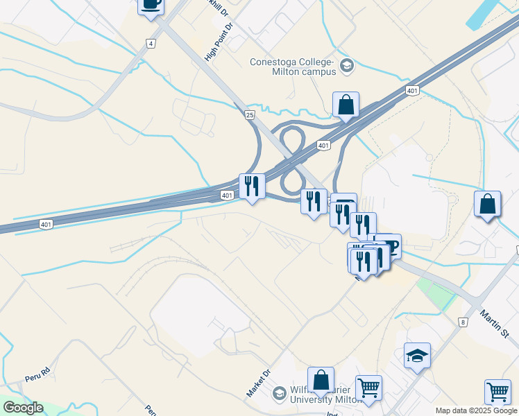 map of restaurants, bars, coffee shops, grocery stores, and more near 161 Chisholm Drive in Milton