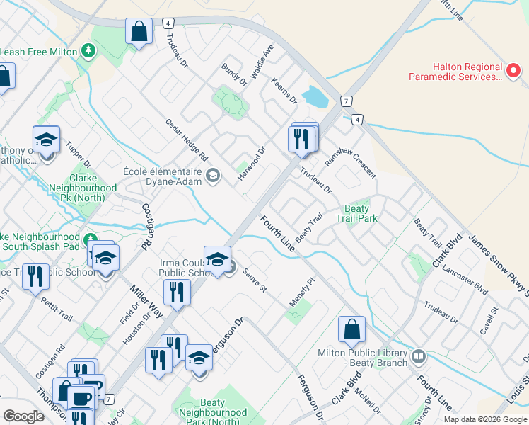 map of restaurants, bars, coffee shops, grocery stores, and more near 9980 Derry Road in Milton