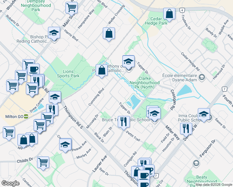 map of restaurants, bars, coffee shops, grocery stores, and more near in Milton