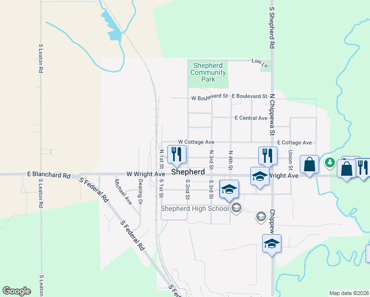 map of restaurants, bars, coffee shops, grocery stores, and more near 202 North 2nd Street in Shepherd