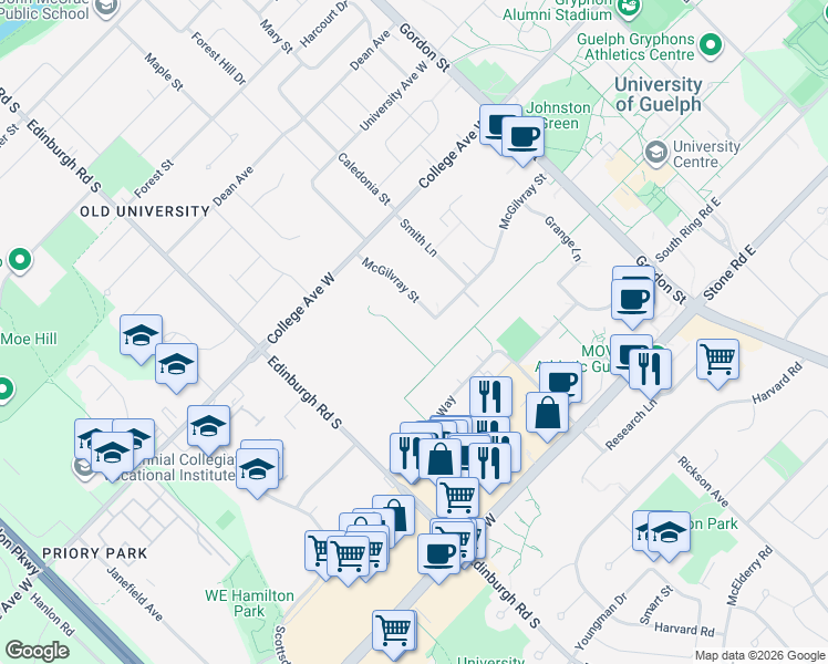 map of restaurants, bars, coffee shops, grocery stores, and more near 78 College Avenue West in Guelph