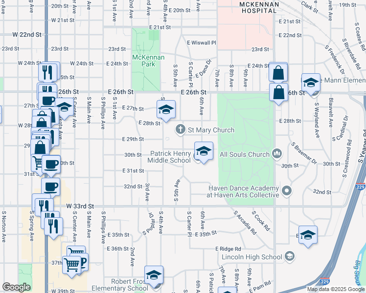 map of restaurants, bars, coffee shops, grocery stores, and more near South 5th Avenue in Sioux Falls
