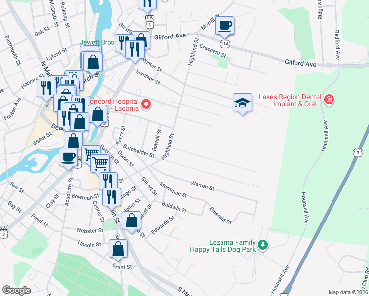 map of restaurants, bars, coffee shops, grocery stores, and more near 37 Lafayette Street in Laconia
