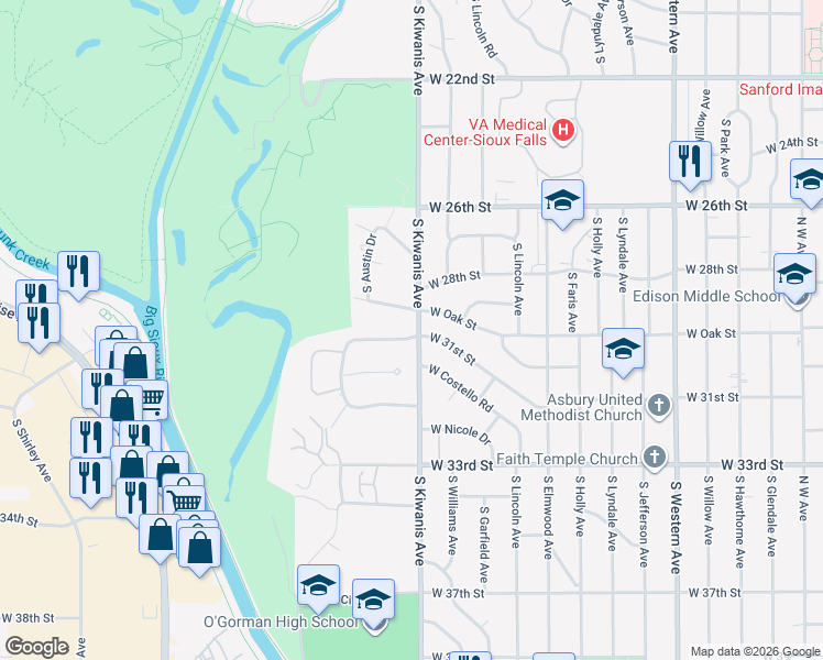 map of restaurants, bars, coffee shops, grocery stores, and more near 2901-2973 West Donahue Drive in Sioux Falls