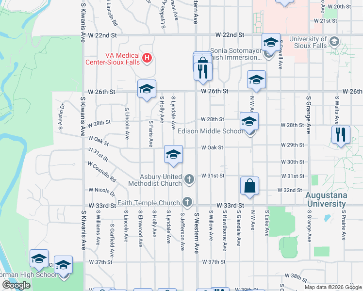map of restaurants, bars, coffee shops, grocery stores, and more near 2300 South Lyndale Avenue in Sioux Falls