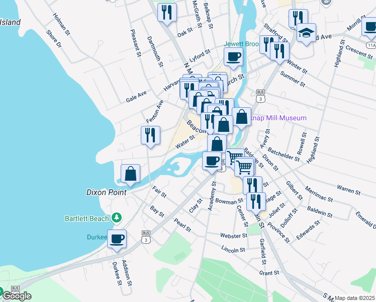 map of restaurants, bars, coffee shops, grocery stores, and more near 16 Varney Court in Laconia