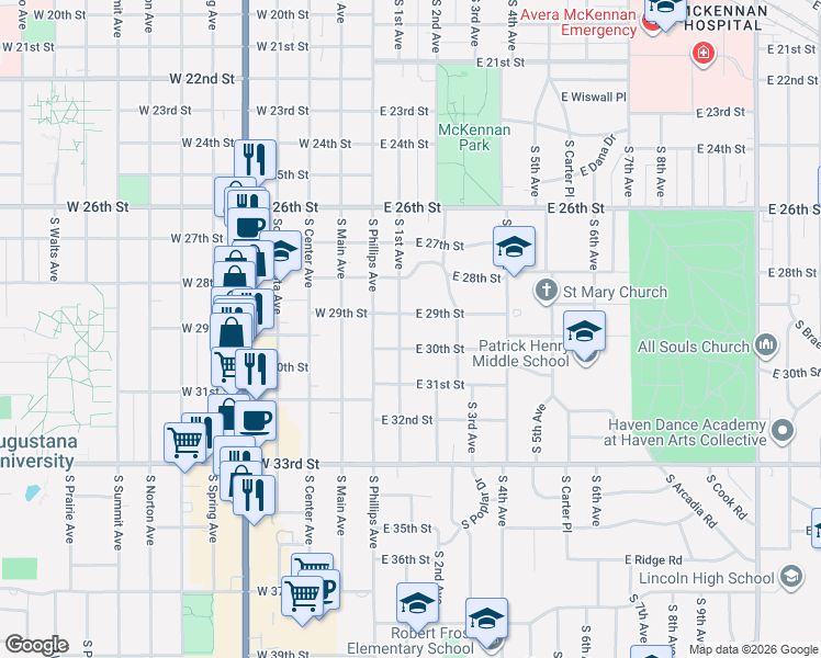 map of restaurants, bars, coffee shops, grocery stores, and more near 216 East 30th Street in Sioux Falls