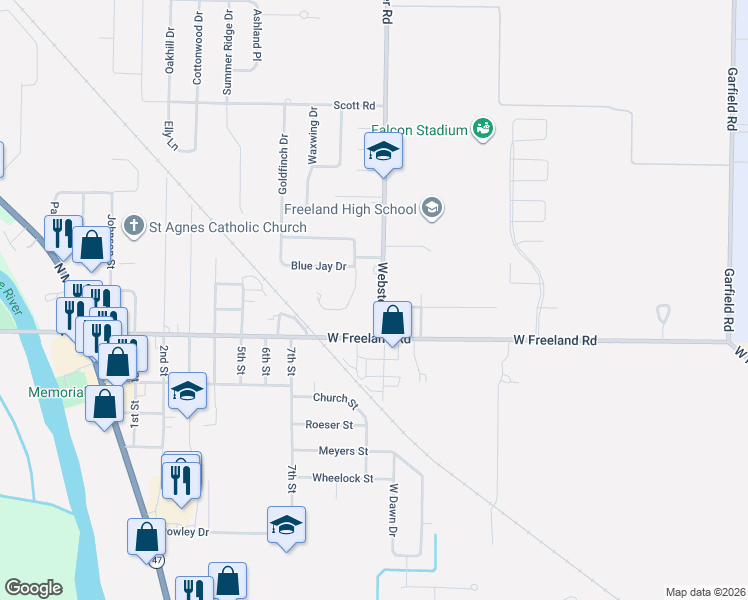 map of restaurants, bars, coffee shops, grocery stores, and more near 8049 Webster Road in Freeland