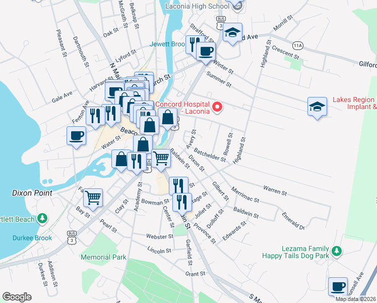 map of restaurants, bars, coffee shops, grocery stores, and more near 15 Dixon Street in Laconia