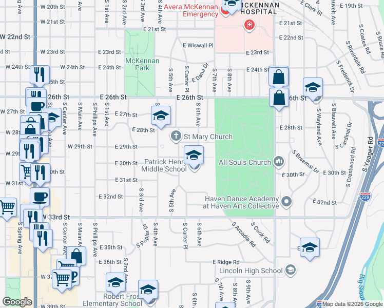 map of restaurants, bars, coffee shops, grocery stores, and more near 601-699 East Oak Street in Sioux Falls