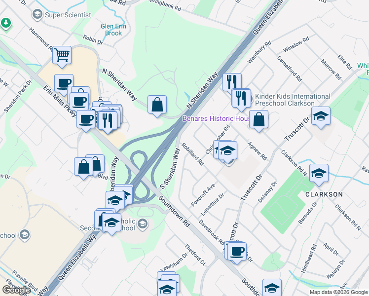 map of restaurants, bars, coffee shops, grocery stores, and more near 1636 Robillard Road in Mississauga