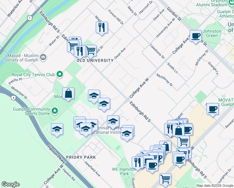 map of restaurants, bars, coffee shops, grocery stores, and more near 8 Lynwood Avenue in Guelph