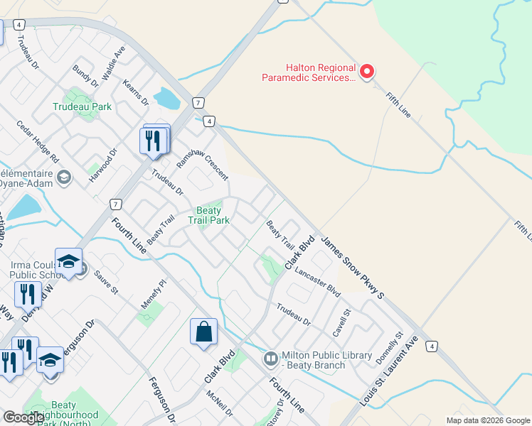 map of restaurants, bars, coffee shops, grocery stores, and more near 1667 Dempsey Crescent in Milton