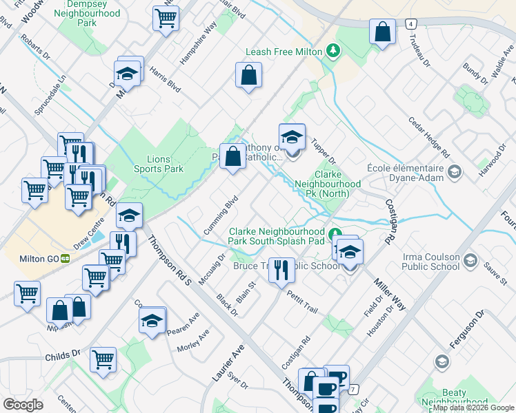 map of restaurants, bars, coffee shops, grocery stores, and more near 1170 Tupper Drive in Milton