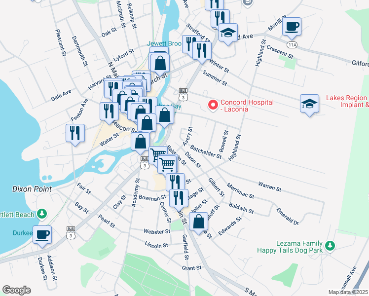 map of restaurants, bars, coffee shops, grocery stores, and more near 15 Dixon Street in Laconia