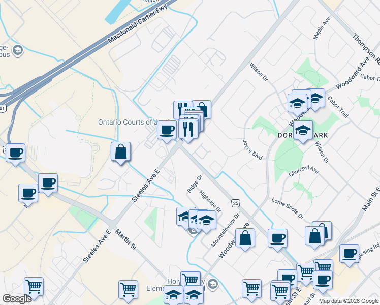 map of restaurants, bars, coffee shops, grocery stores, and more near 445 Ontario Street South in Milton