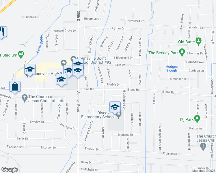 map of restaurants, bars, coffee shops, grocery stores, and more near 3674 Marble Drive in Idaho Falls