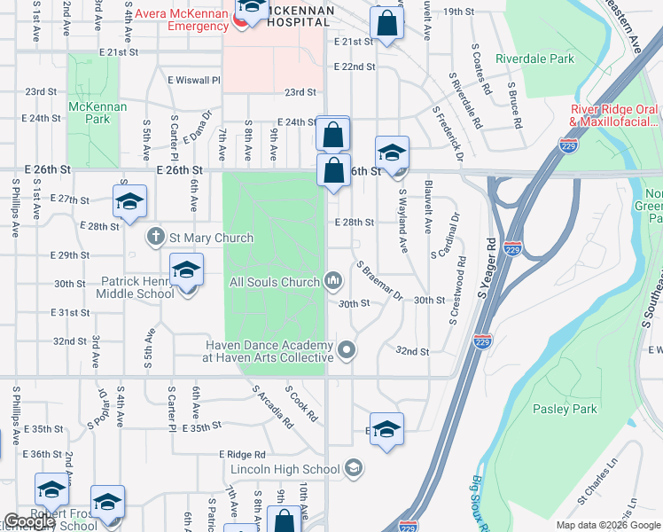 map of restaurants, bars, coffee shops, grocery stores, and more near 2108 South Cliff Avenue in Sioux Falls
