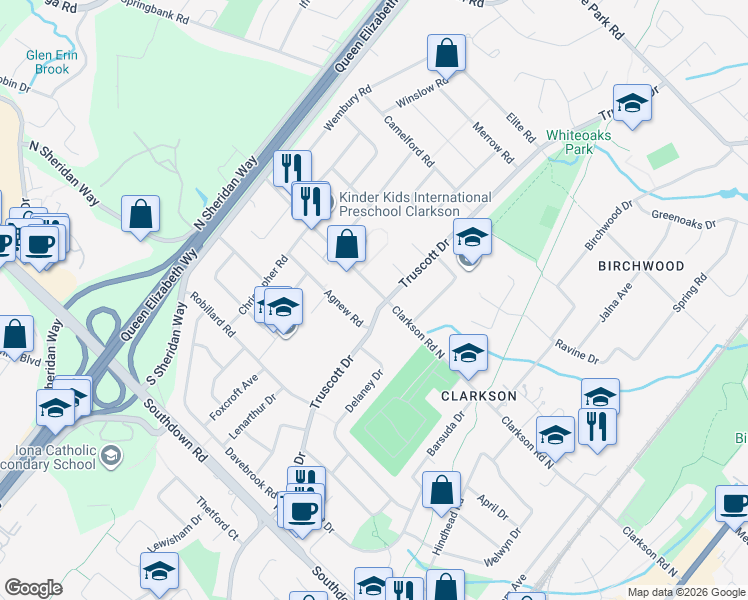 map of restaurants, bars, coffee shops, grocery stores, and more near 1789 Truscott Drive in Mississauga